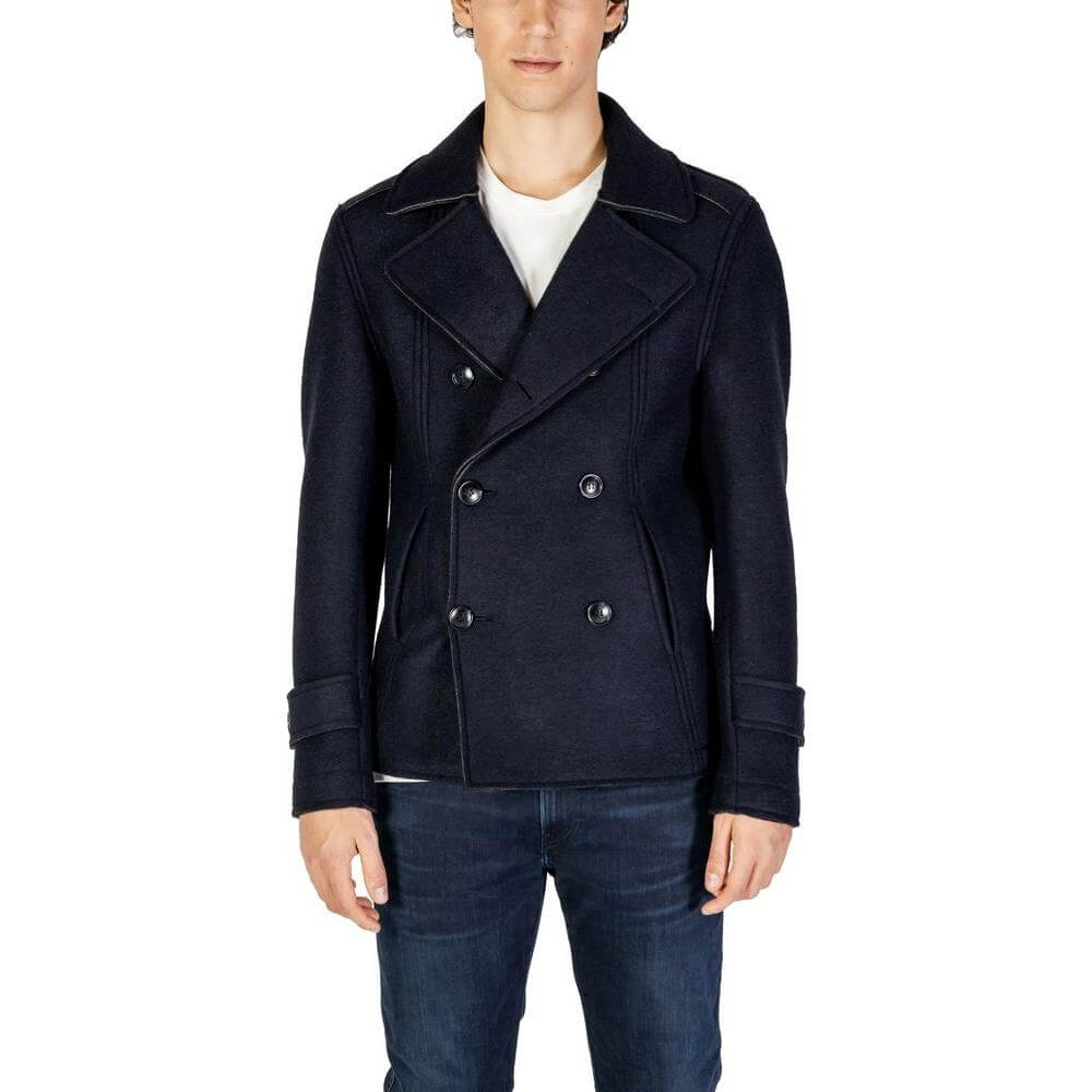Hydra Clothing blue viscose men's jacket for fall/winter collection, featuring 40% viscose, 40% polyester, and 20% wool.