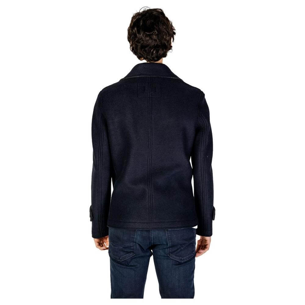 Back view of a men's Hydra Clothing blue viscose jacket, part of the Fall/Winter collection, made of 40% viscose, 40% polyester, and 20% wool.
