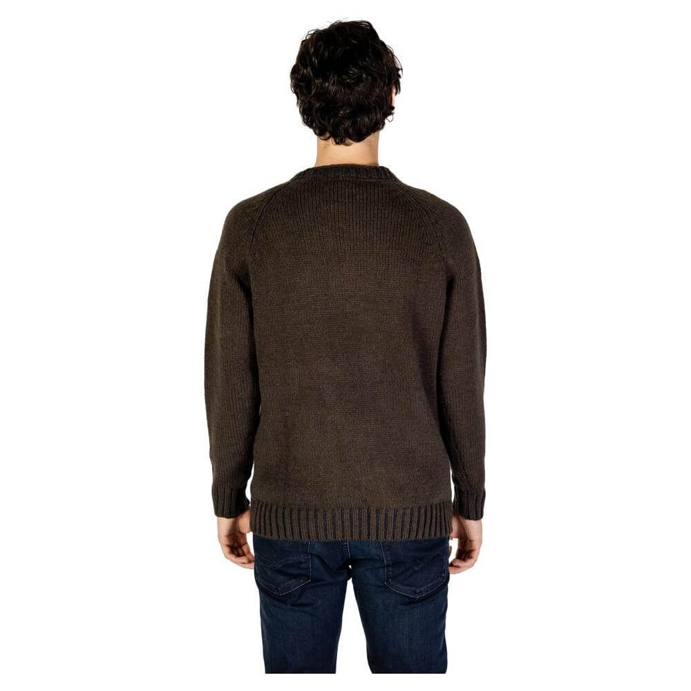 Back view of a man wearing a gray Hydra Clothing acrylic sweater, ideal for men's fall and winter fashion.