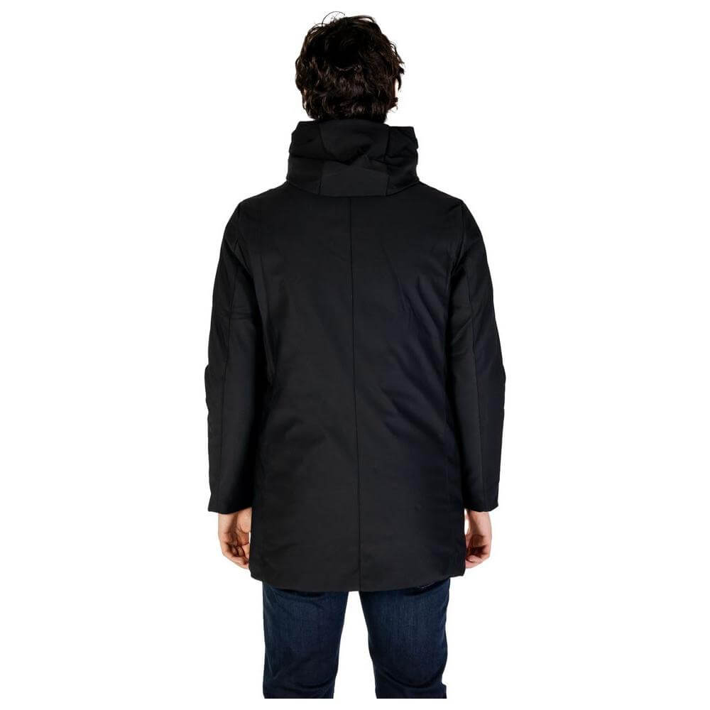 Back view of Hydra Clothing black nylon men's jacket for fall/winter, made from 78% nylon and 22% polyester.