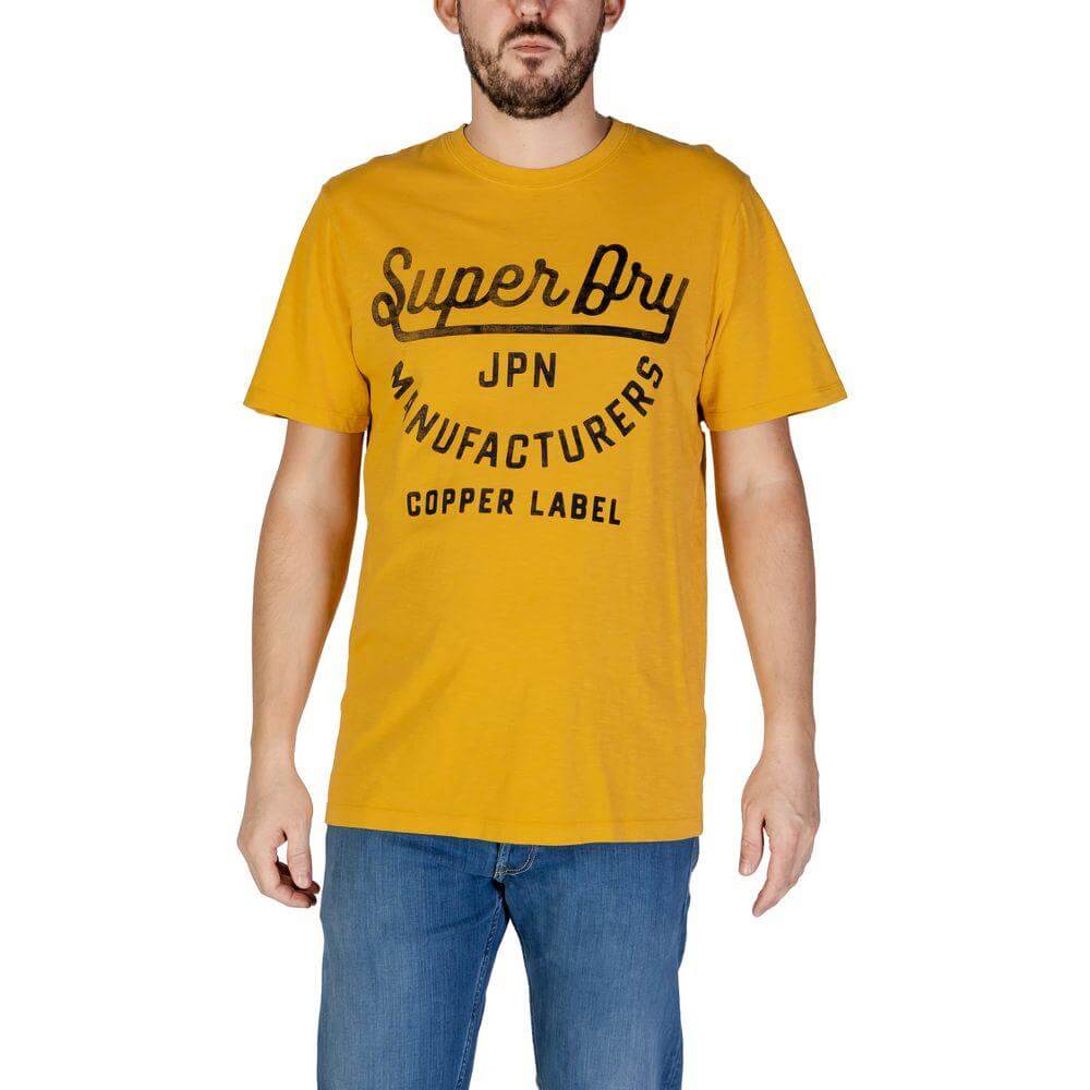 Man wearing Superdry orange cotton T-shirt, fall/winter men's short-sleeved top, 100% cotton, casual wear.