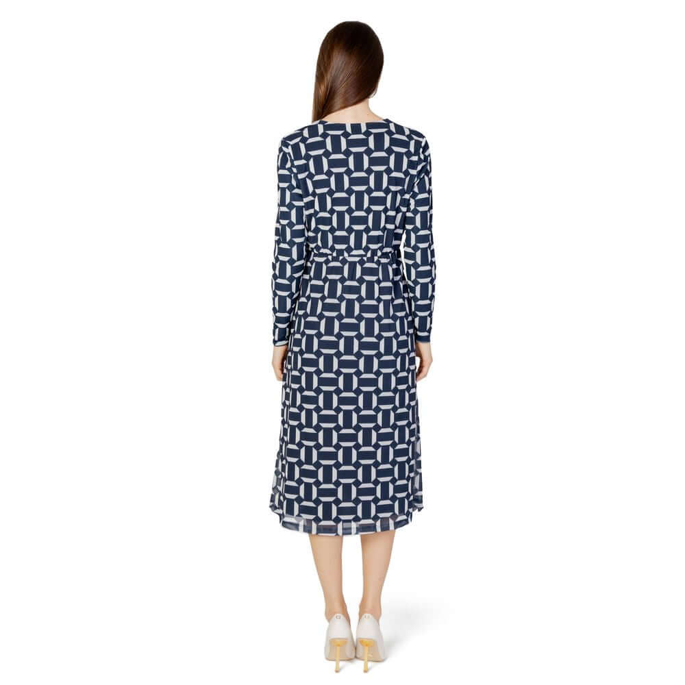 Street One women's long blue polyester dress, fall/winter collection, back view with geometric pattern, 100% viscose lining.