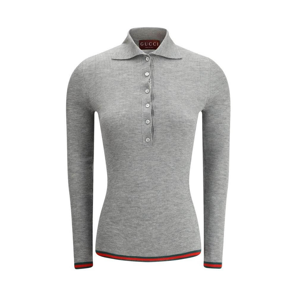 Gucci cashmere polo shirt with ribbed design and iconic colored hem and cuffs.