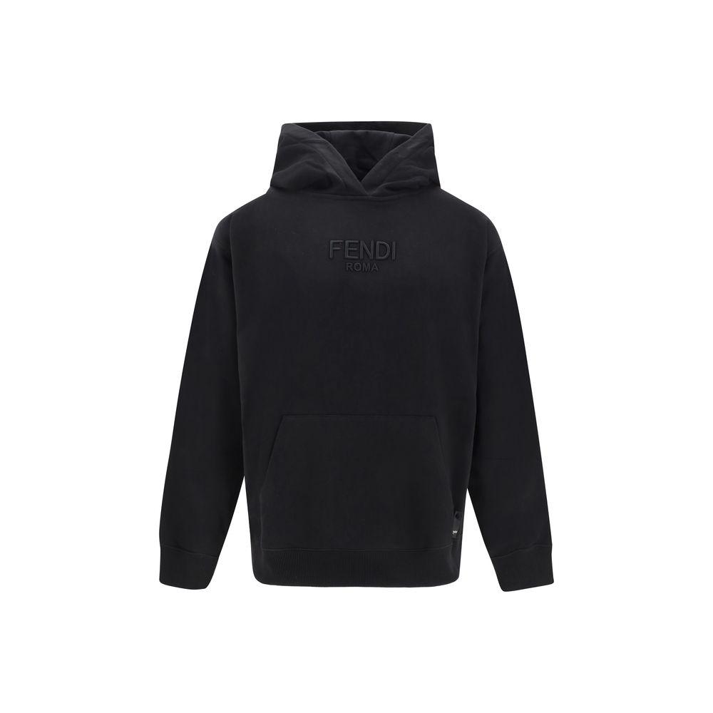 Fendi logoed hoodie in black cotton with embossed monogram, featuring ribbed cuffs, hem, and kangaroo pocket for versatile style.