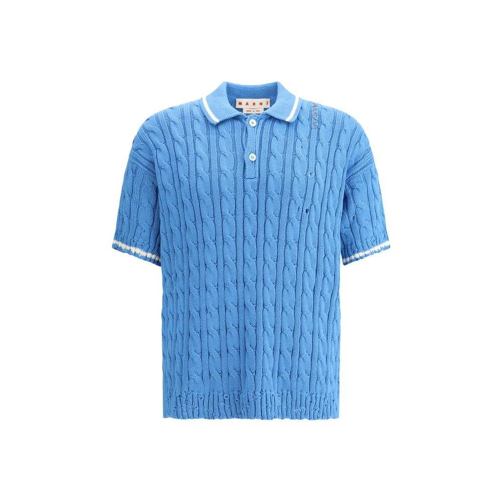 Marni blue knit polo shirt with cable-knit design, classic collar, front buttons, and ribbed hem for a sophisticated casual look.