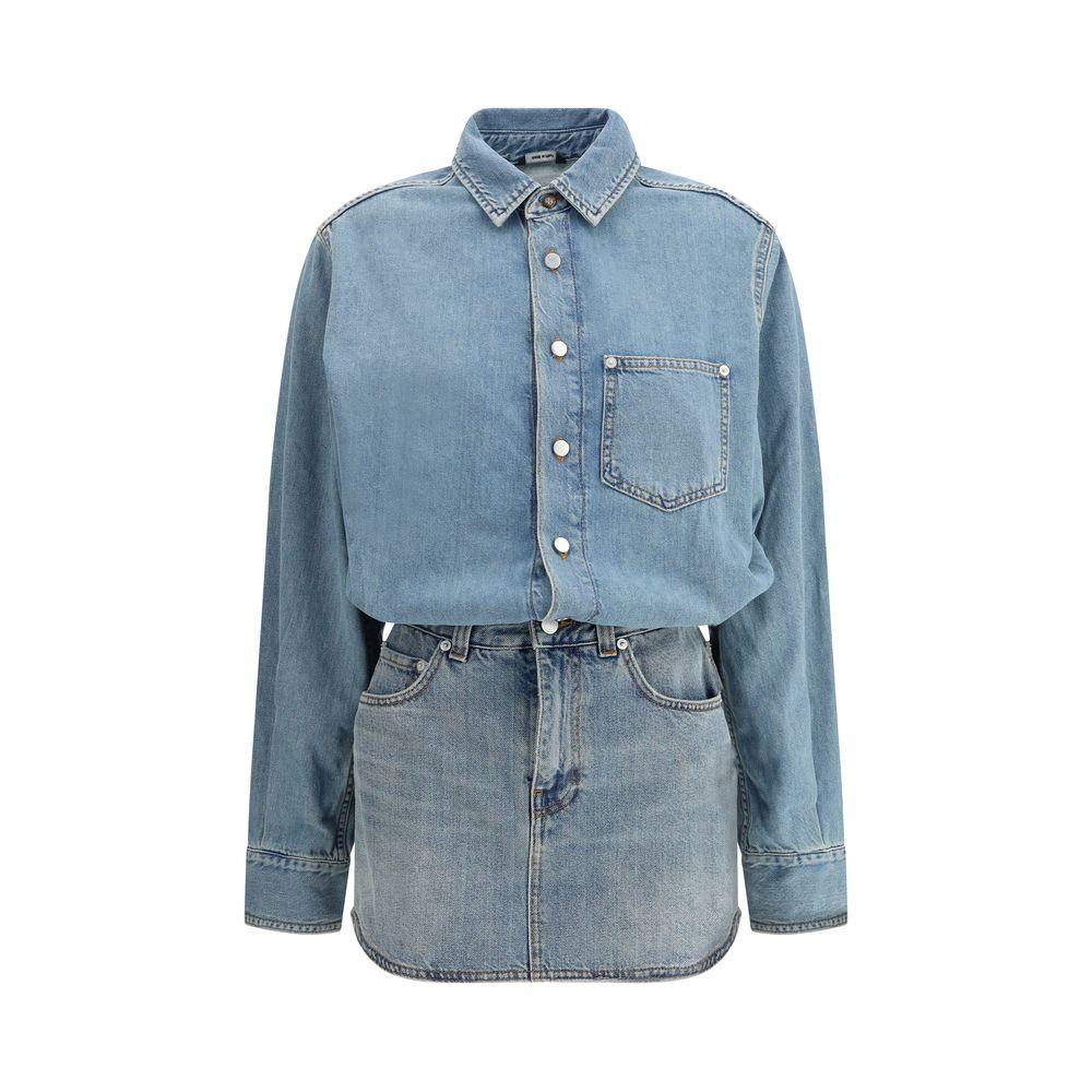 Haikure Tamu denim dress with a shirt-top and skirt-bottom design, featuring a classic collar and front snap closure.