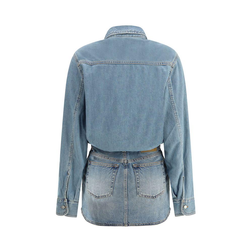 Back view of Haikure Tamu denim dress featuring shirt design, five-pocket skirt, and classic collar for contemporary style.