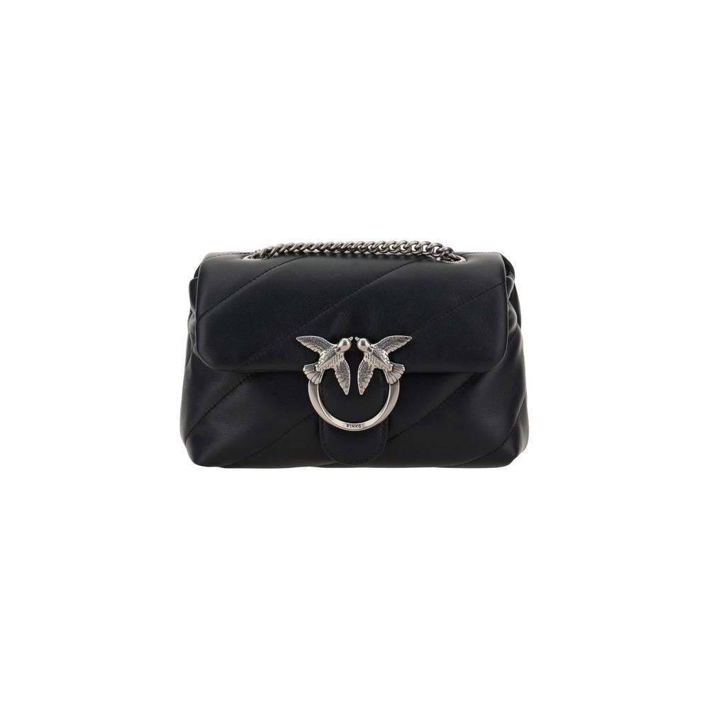 Black Pinko Love Mini Puff shoulder bag with Love Birds logo and quilted design.