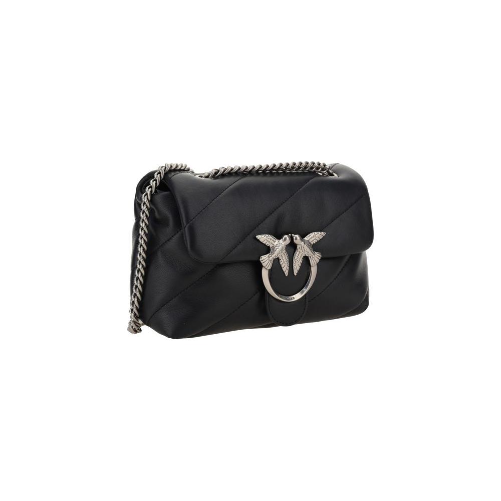 Pinko Love Mini Puff leather shoulder bag with chain strap and Love Birds logo, quilted design, and magnetic closure.