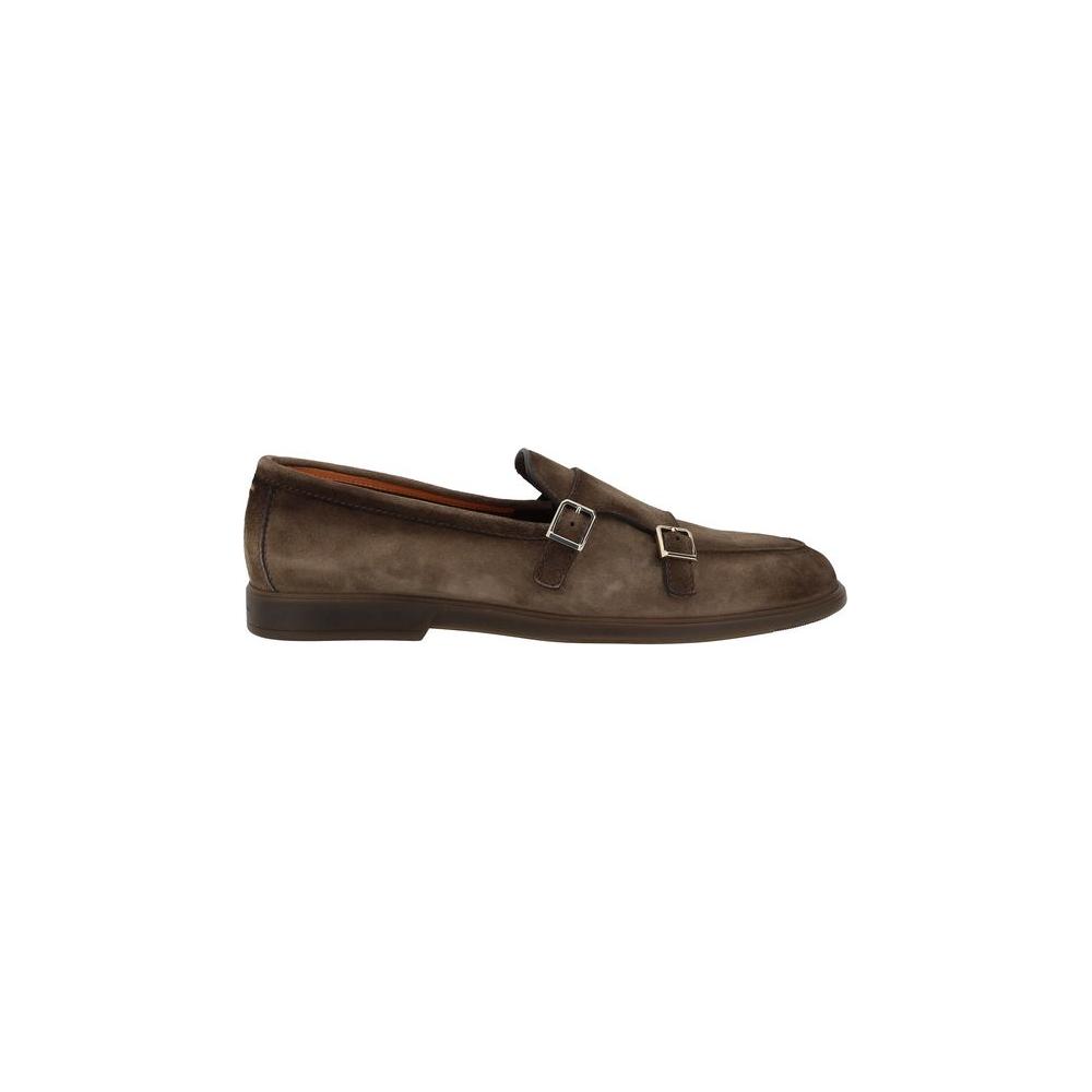 Santoni leather loafers with suede-effect, almond toe, block heel, and metal buckle detail, showcasing luxury and elegance.