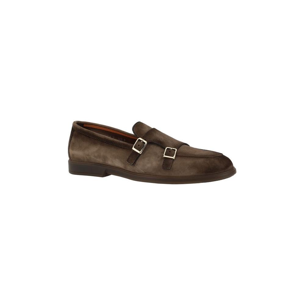 Santoni leather loafers with suede-effect, almond toe, block heel, and metal buckle embellishments for a refined and elegant look.