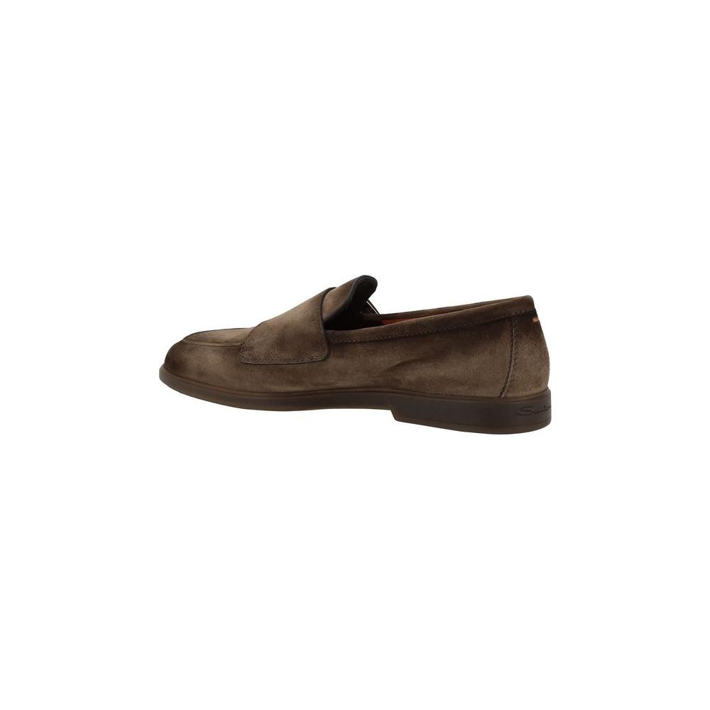 Side view of Santoni leather loafers with suede-effect, almond toe, and metal buckle on a slight block heel for elegant style.