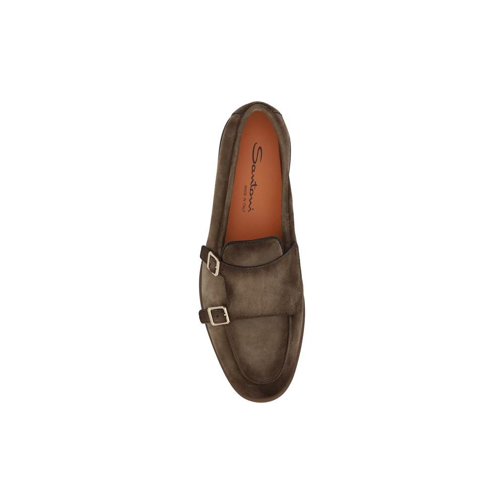 Top view of Santoni leather loafers with suede-effect, almond toe, metal buckles, and branded insole for elegant luxury.
