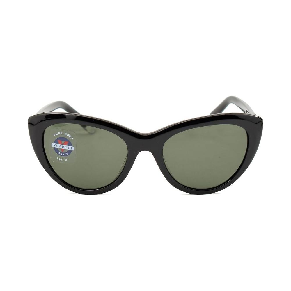 Vuarnet black acetate sunglasses with green Category 3 lenses, featuring a stylish oval frame, made in France. Lens size: 51/21/145 mm.