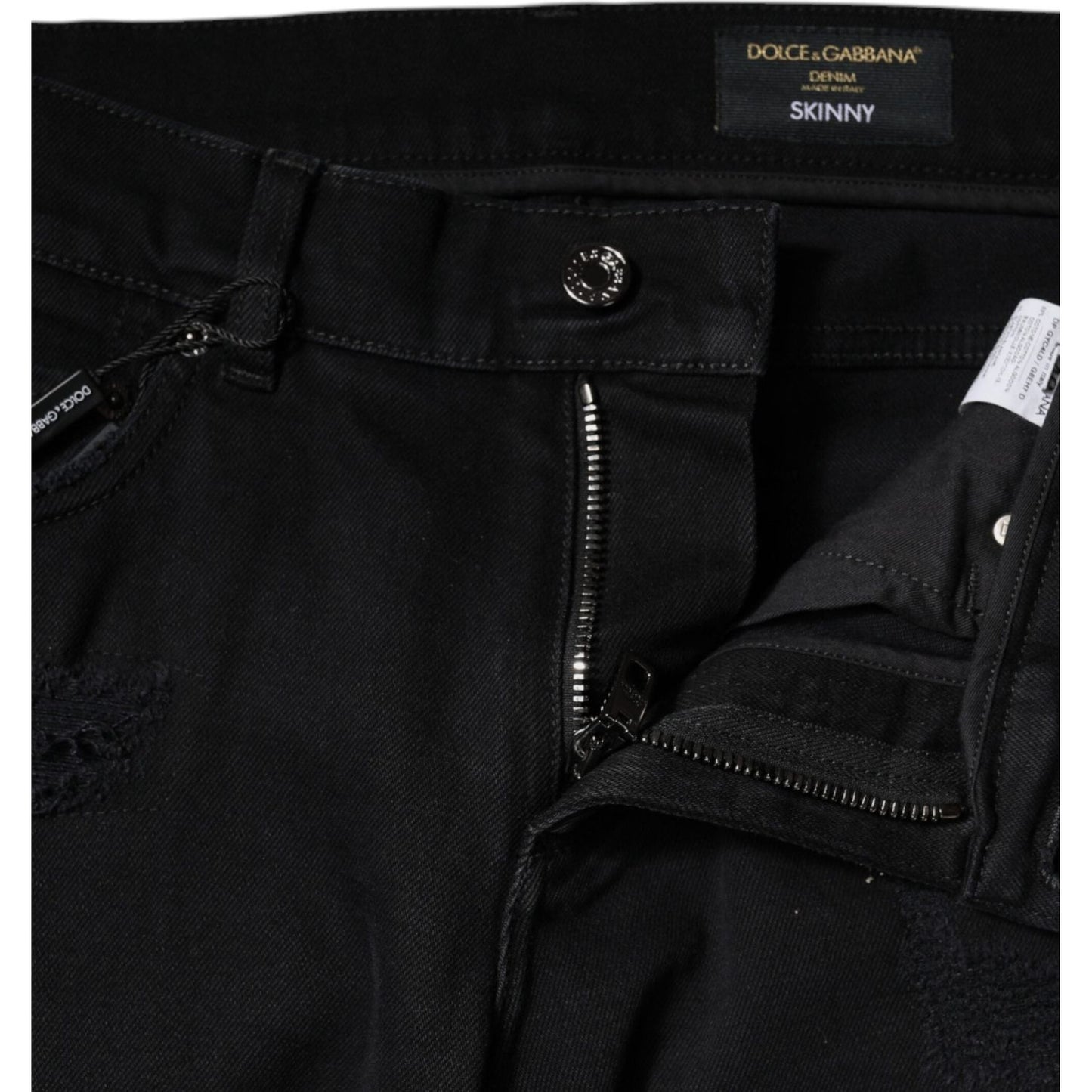Dolce & Gabbana Black Cotton Tattered Skinny Denim Logo Jeans PAN75901-46