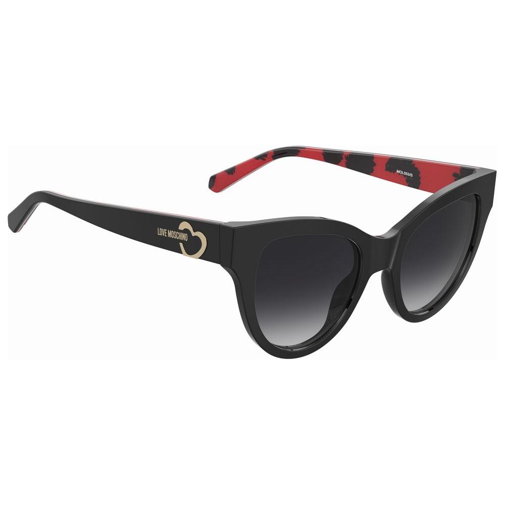 Love Moschino black acetate sunglasses with red temple interior, 100% UV protection, measurements 50/17/140mm.