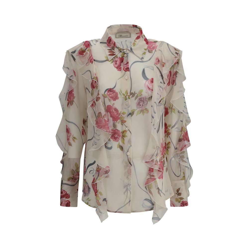Blumarine floral silk chiffon shirt with ruffled details, featuring a classic collar and button closure, elegant and romantic design.