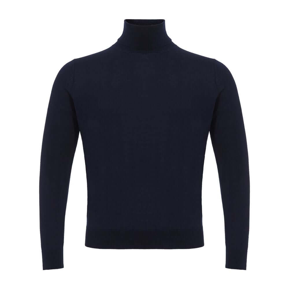 Colombo Blue Cashmere Sweater - Navy Cashmere and Silk Turtleneck with Long Sleeves, Micro Ribbed Neck, Soft Texture - 70% Cashmere, 30% Silk