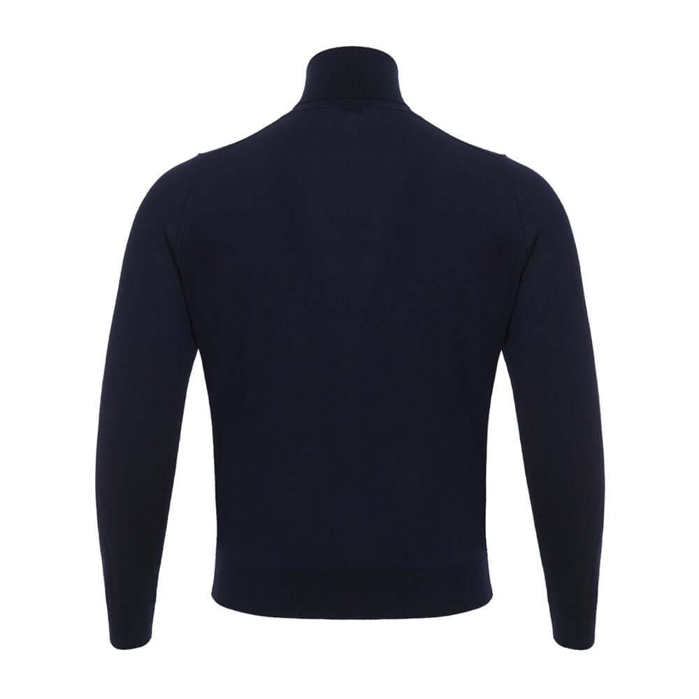 Navy blue Colombo cashmere and silk turtleneck sweater with long sleeves, micro ribbed neck, soft texture, 70% cashmere, 30% silk.
