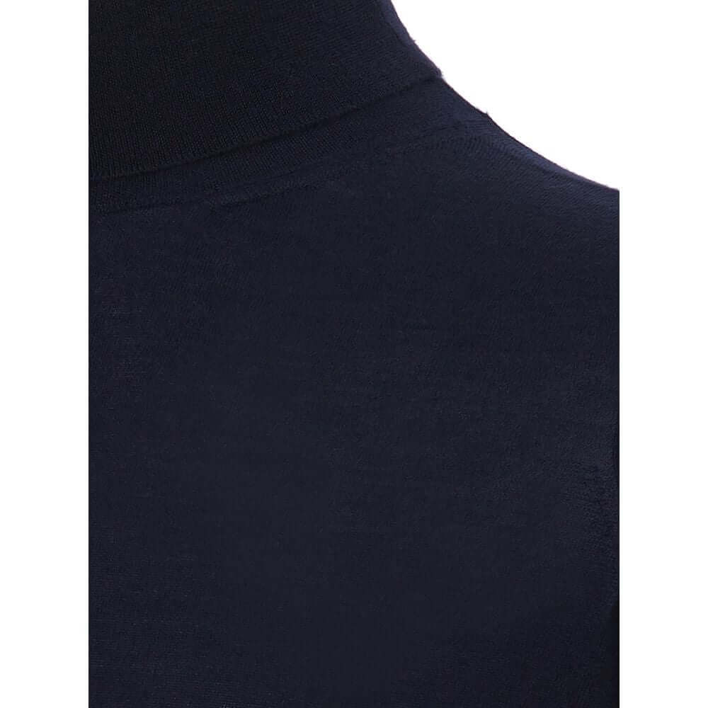 Close-up of Colombo Blue Cashmere and Silk Turtleneck Sweater showcasing soft navy fabric and ribbed neck.
