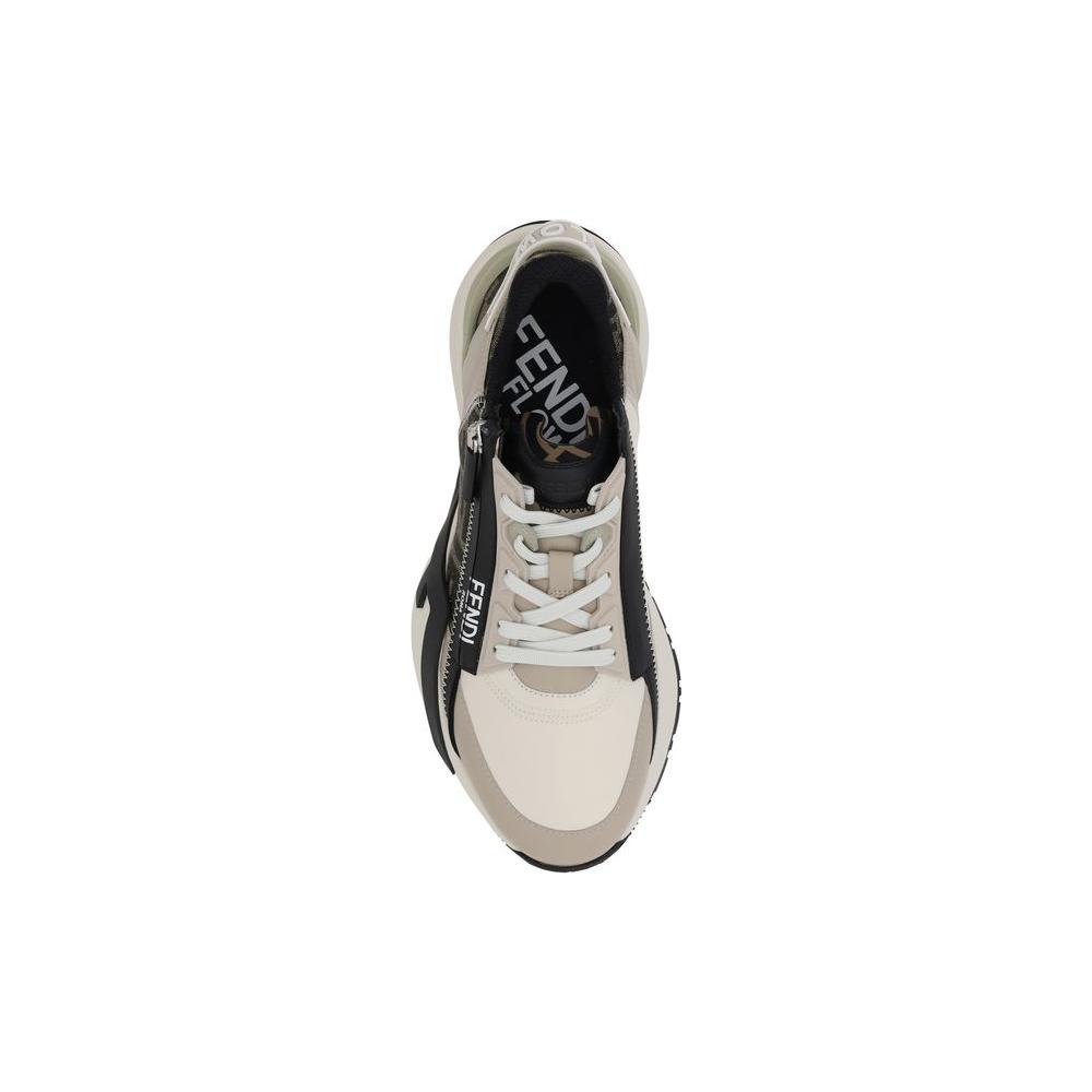Top view of Fendi Flow Running Sneakers with structured sole, lace-up closure, and engraved logo on heel, showcasing sporty design.