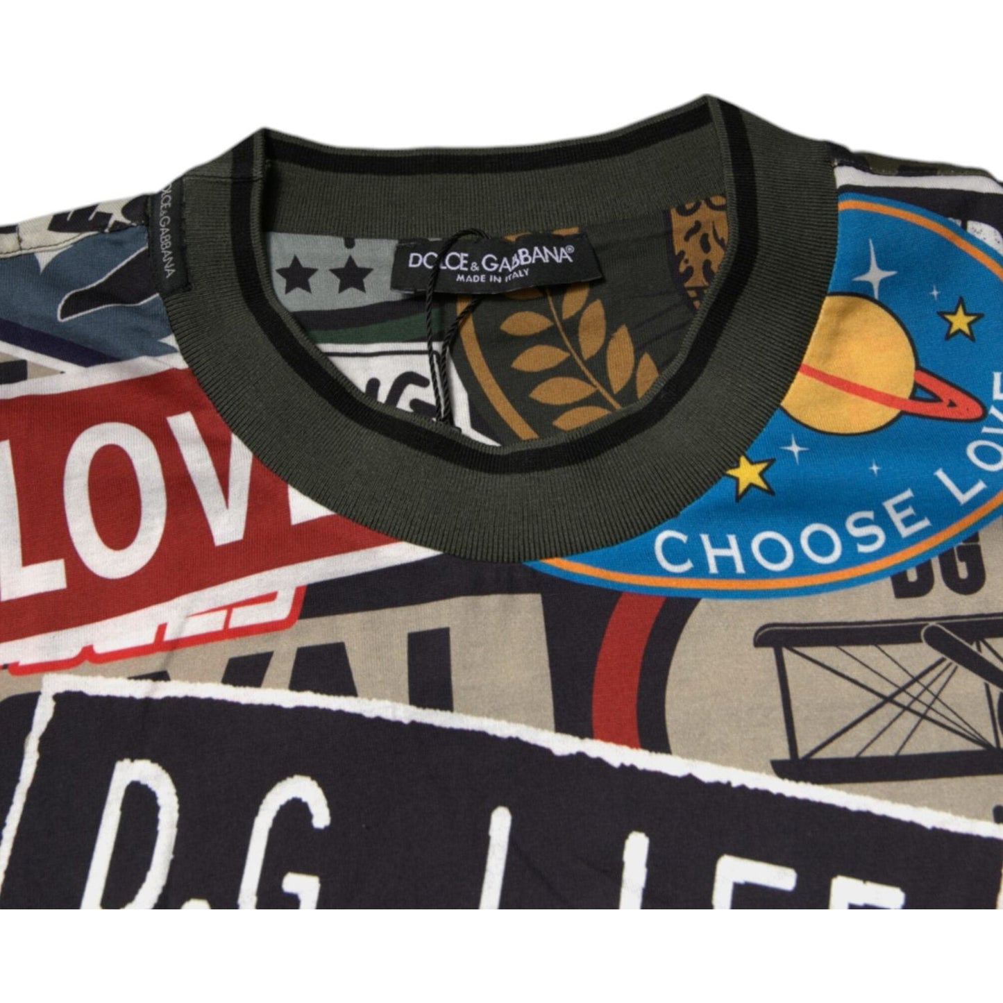 Dolce & Gabbana multicolor graphic print cotton crew neck t-shirt with logo details and space-themed design, made in Italy.