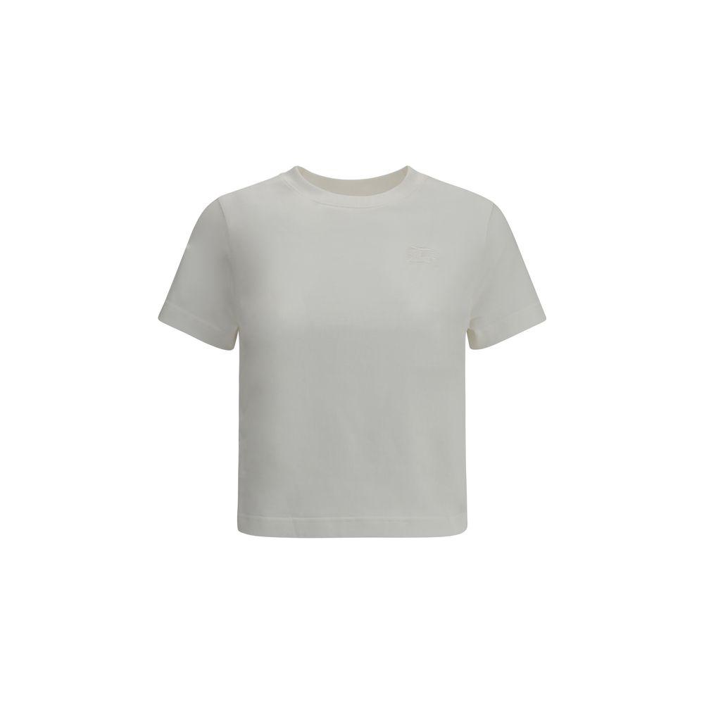 Burberry Cropped T-Shirt featuring ribbed crew neck and Equestrian Knight logo embroidery on front, with side panel ribbon for adjustable ruffles.