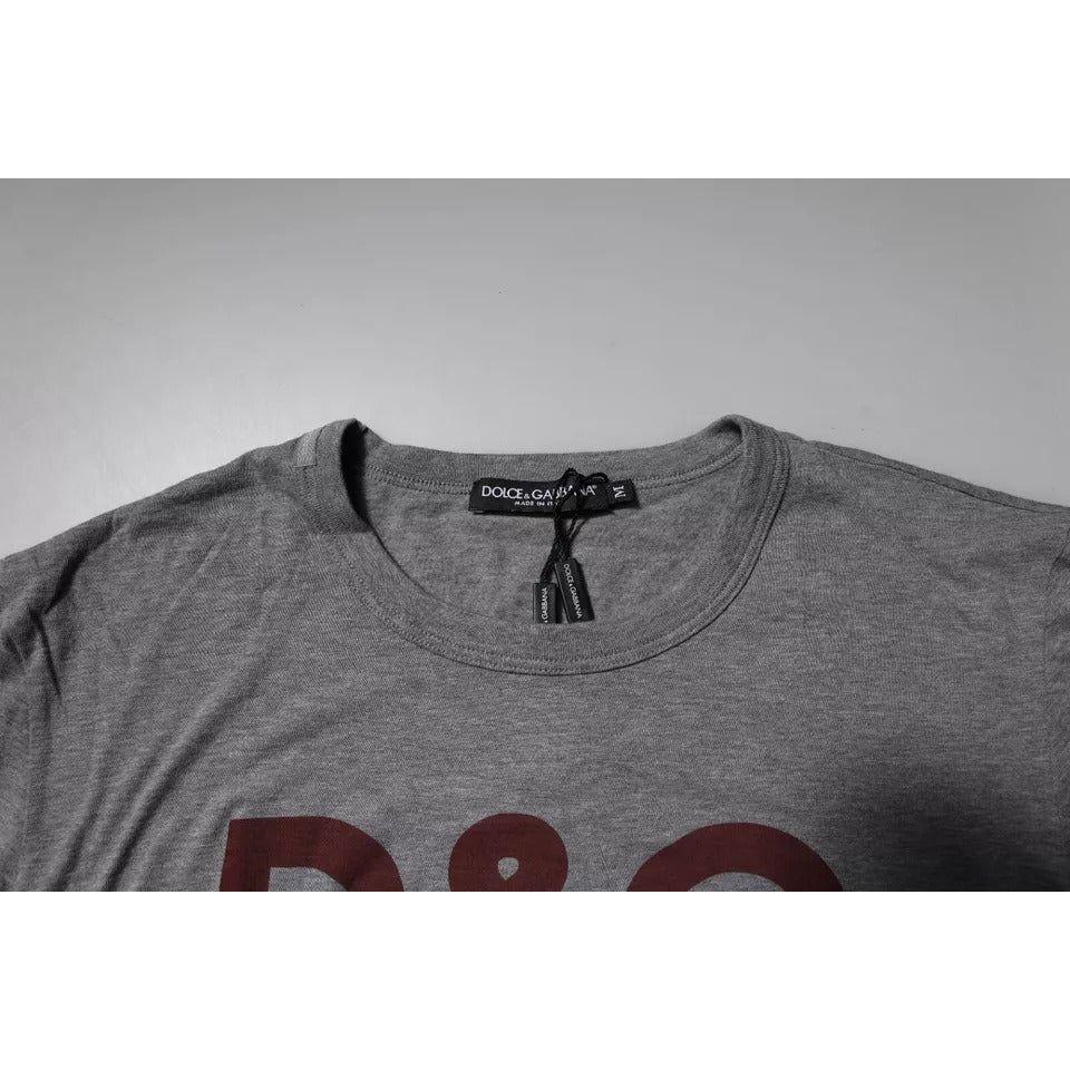 Dolce & Gabbana gray cotton crew neck t-shirt with logo print, melange grey color, regular fit, made in Italy.