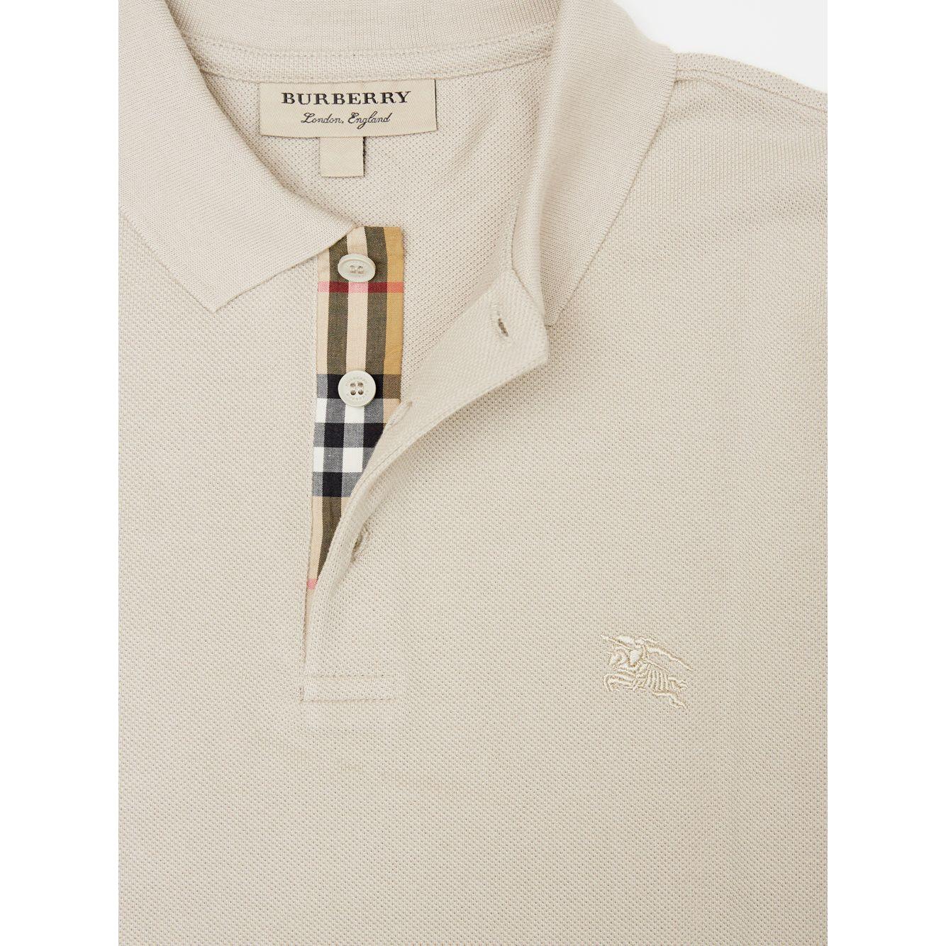 Burberry Pale Stone Cotton Polo Shirt with collar and logo, featuring plaid button detail. Short sleeve, regular fit, made in Thailand.