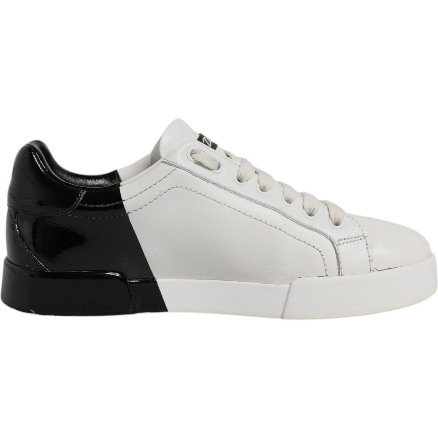 Dolce & Gabbana Portofino white black sneakers, logo design, leather, lace-up, round toe, rubber sole, men's casual shoes, made in Italy.