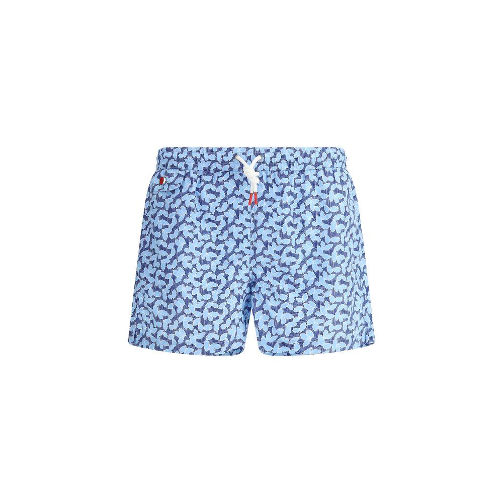 Blue patterned Kiton swimshorts with adjustable waistband and side pockets, featuring embroidered monogram on back flap patch pocket.
