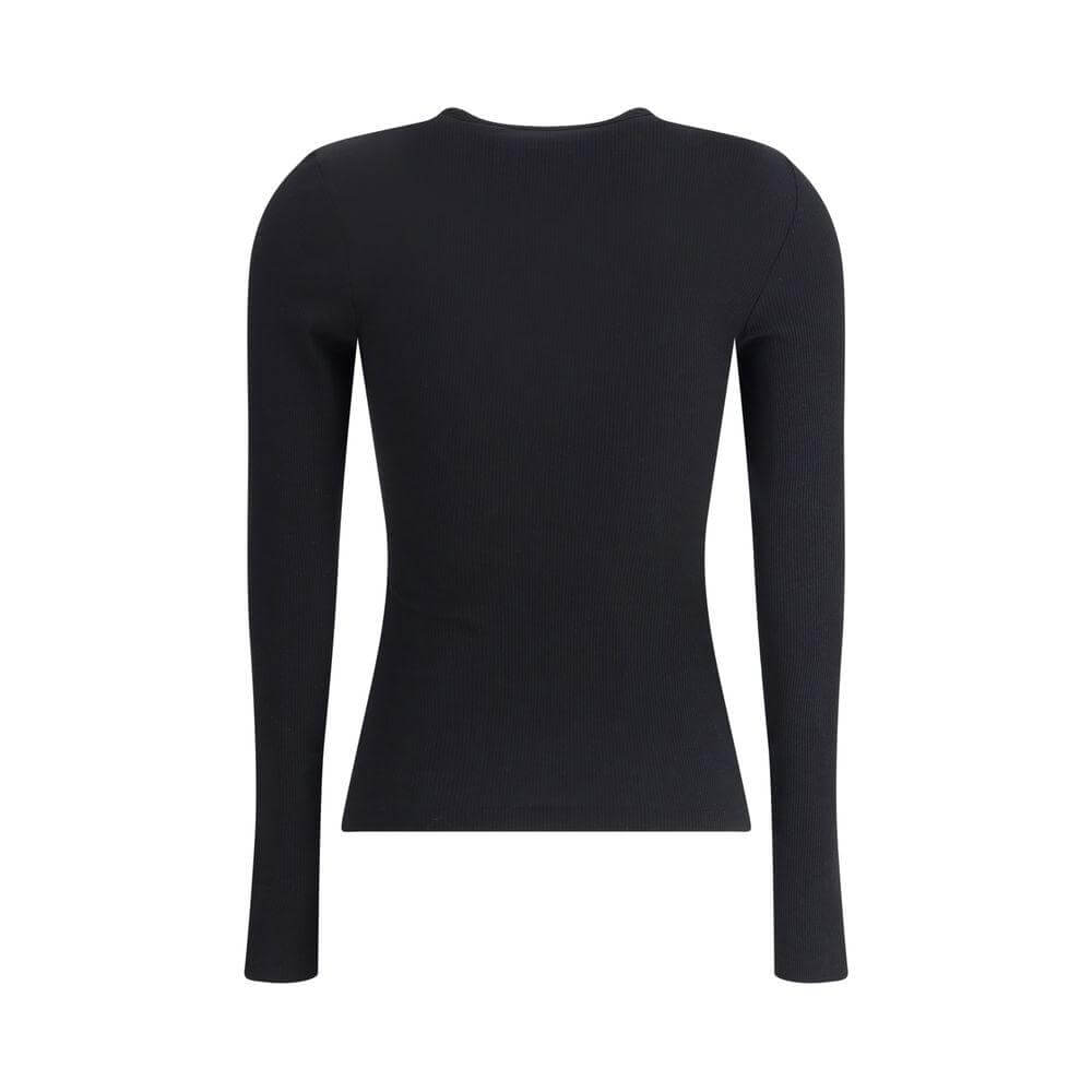 Black Ferragamo long sleeve top featuring ribbed design, shaped neckline, and discreet embroidered logo for elegance and luxury.