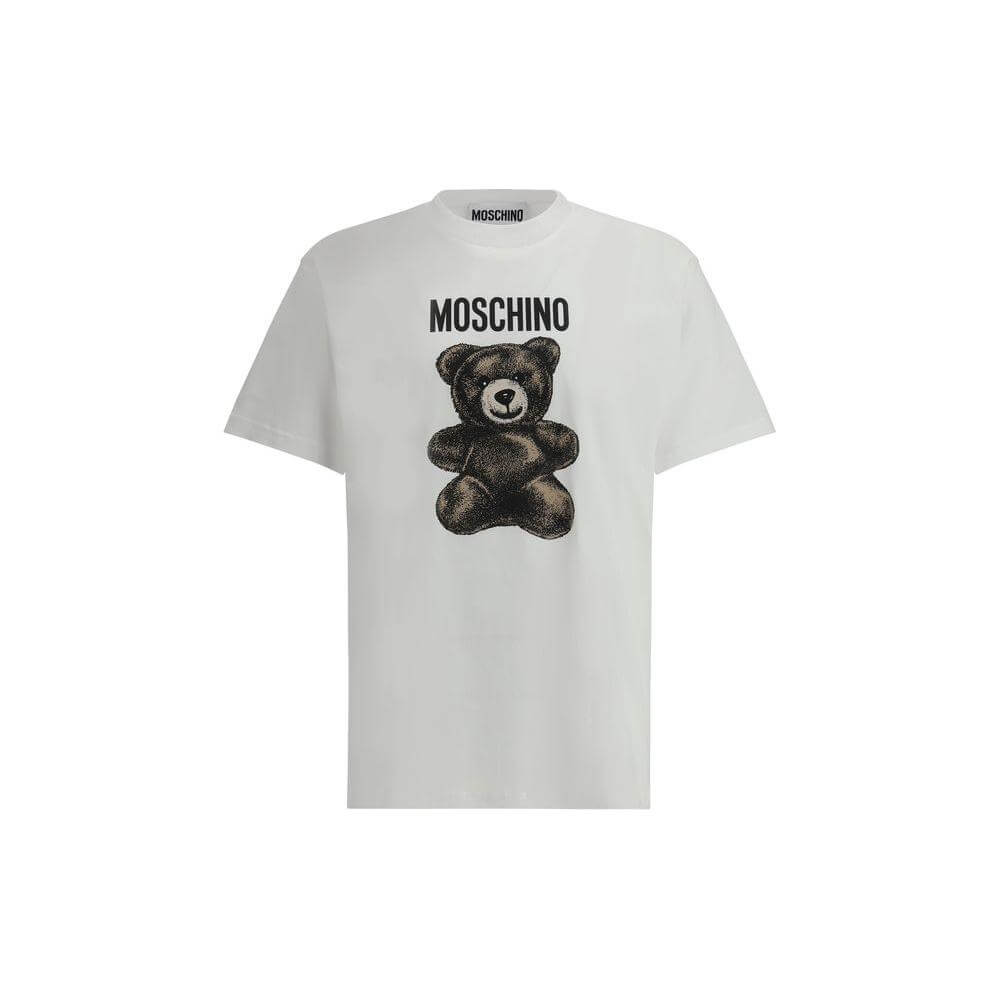 Moschino cotton T-shirt with bold maxi bear print and iconic monogram, featuring a ribbed crew neck for a comfortable fit.