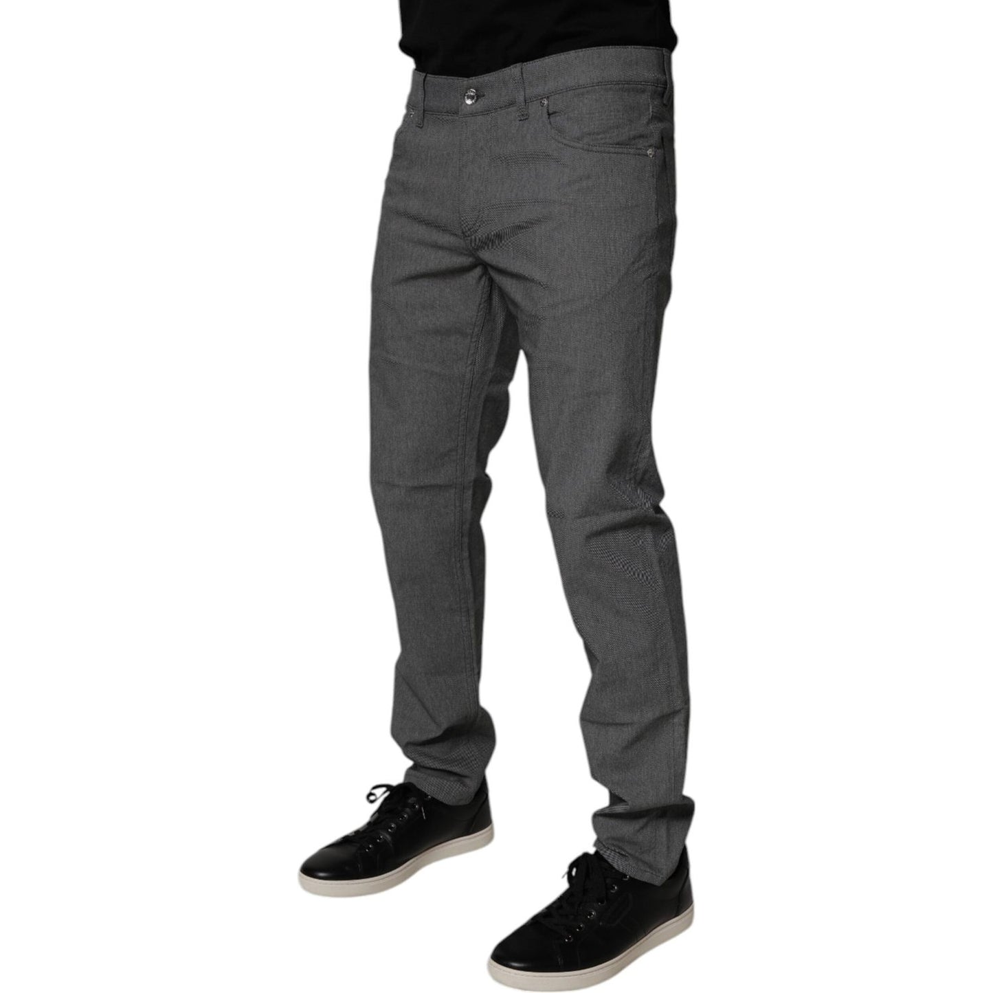 Dolce & Gabbana gray cotton stretch skinny denim jeans with logo details, made in Italy, featuring zipper and button closure.