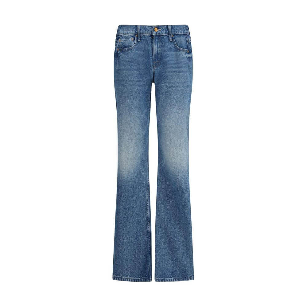 Mother Denim flare jeans with classic five-pocket design and mid-rise waist, offering timeless elegance and versatile style.