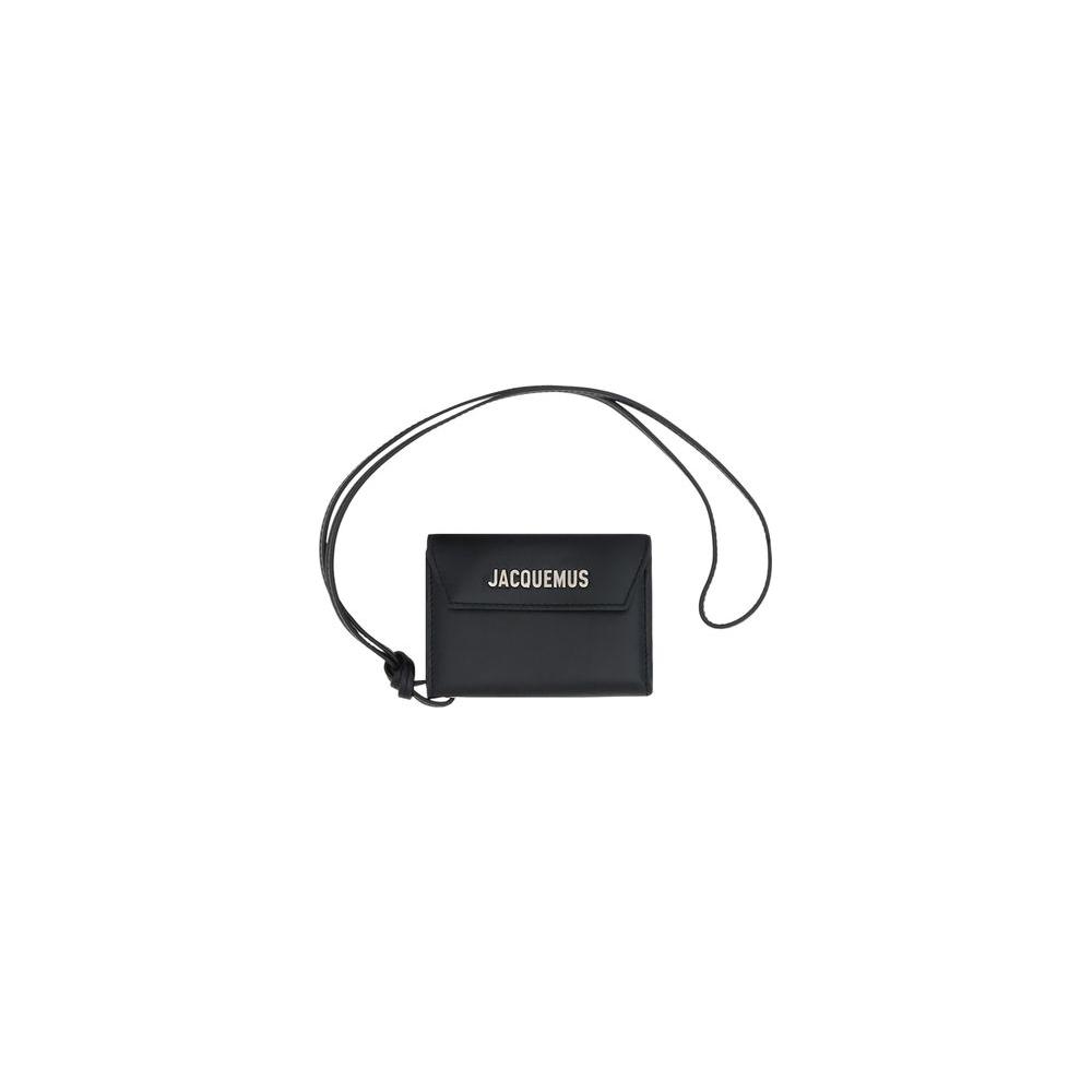 Le Porte Jacquemus leather wallet with removable shoulder strap, featured in black, showcasing the three-dimensional monogram on flap.