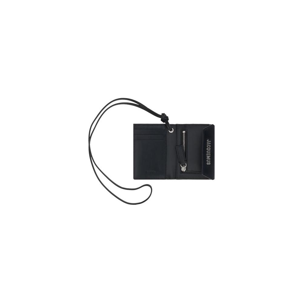 Le Porte Jacquemus leather wallet with monogram, bifold design, flap closure, and removable shoulder strap for style and functionality.