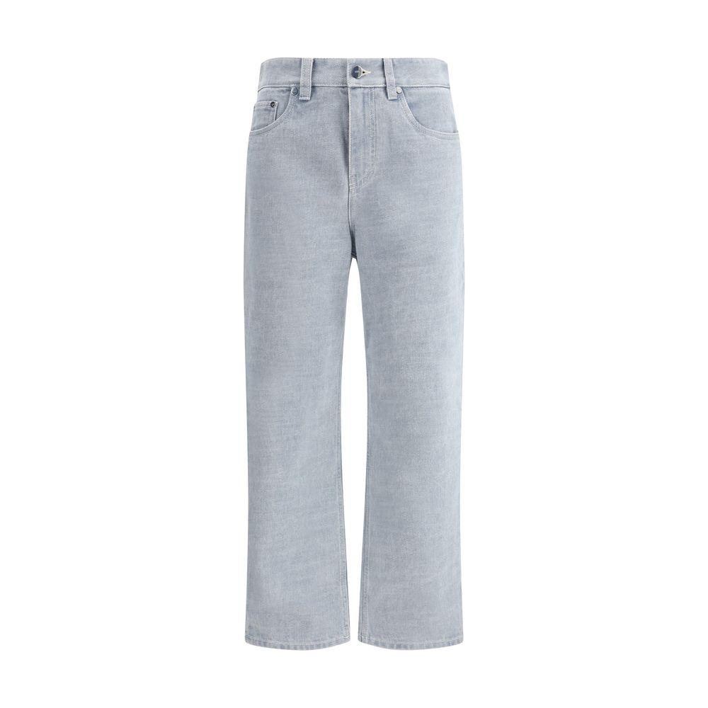 Fendi wide-leg jeans in light blue denim, featuring a mid-rise waist, five-pocket style, and iconic embossed monogram on the back pocket.