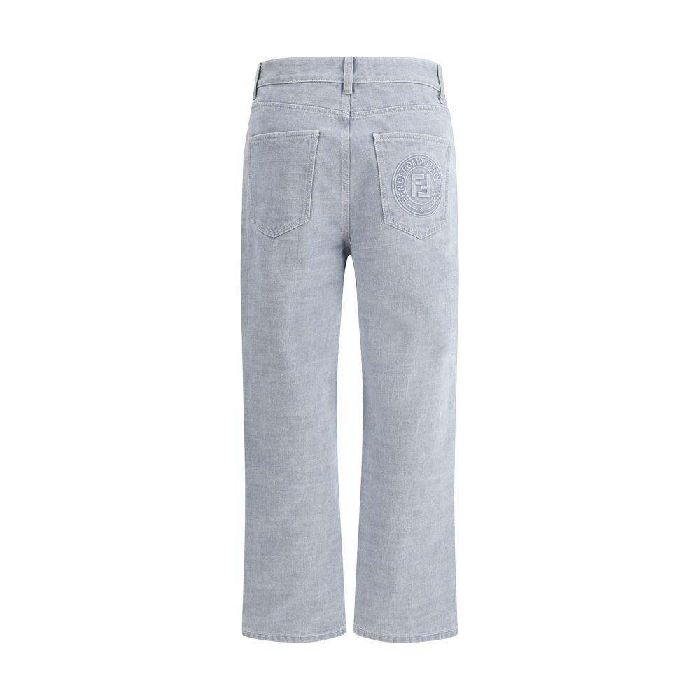 Fendi wide-leg jeans back view with embossed monogram on pocket, showcasing cotton fabric and belt loops for a modern fit.