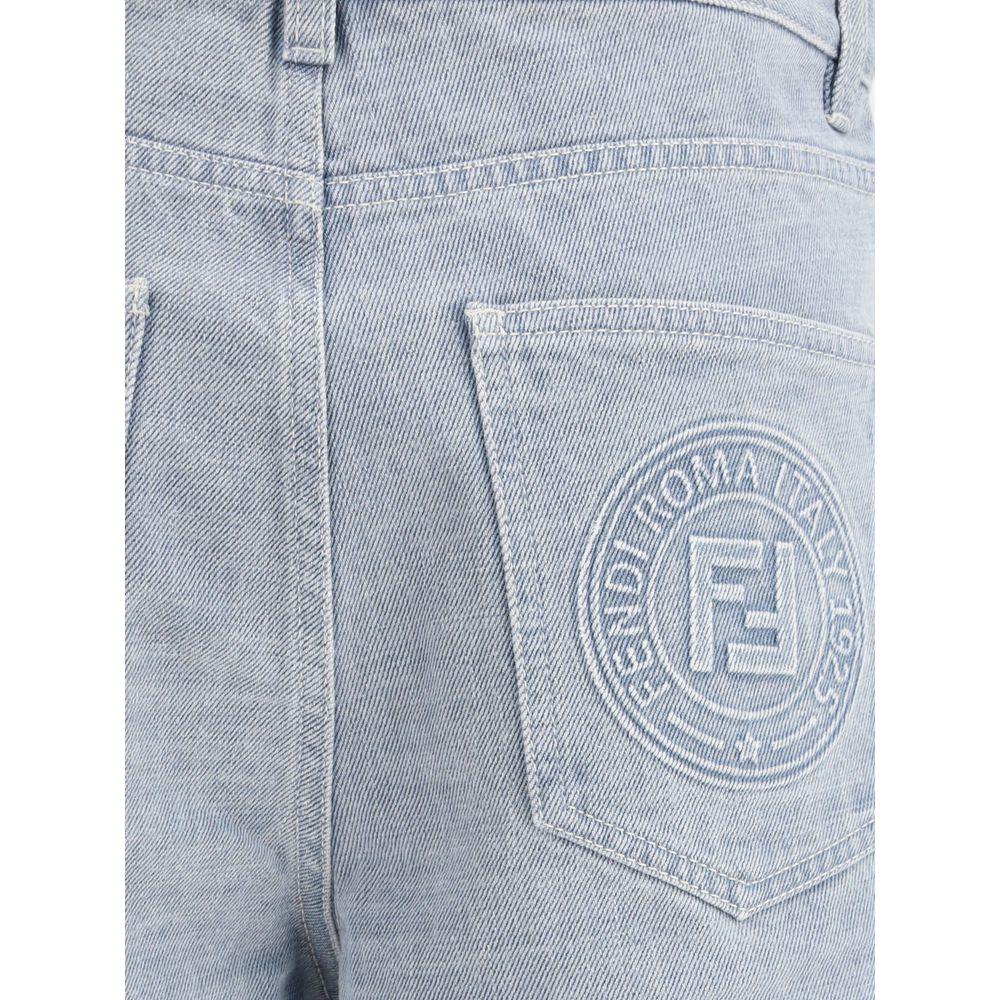 Close-up of Fendi wide-leg jeans showcasing embossed monogram on back pocket, highlighting modern fit and luxurious design.
