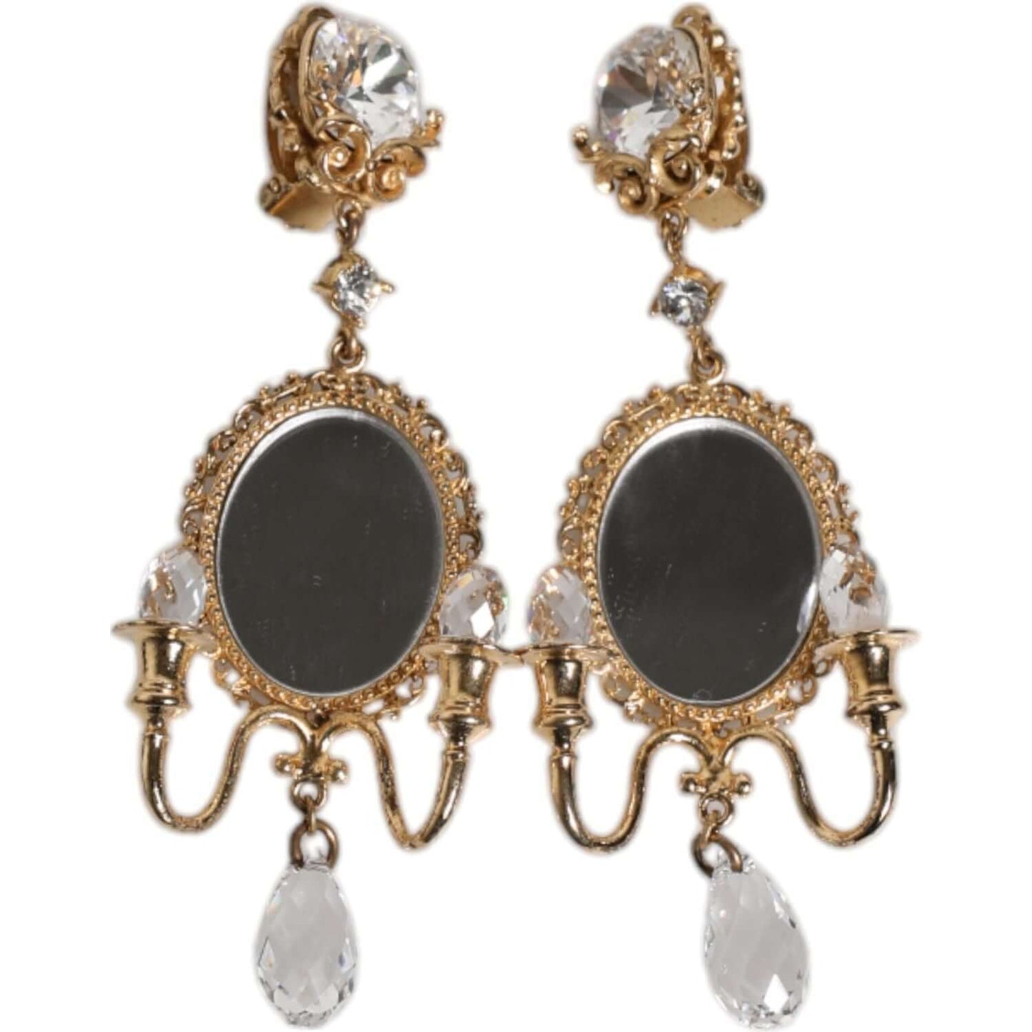 Dolce & Gabbana Gold Brass Clear Crystal Mirror Element Clip Dangling Earrings