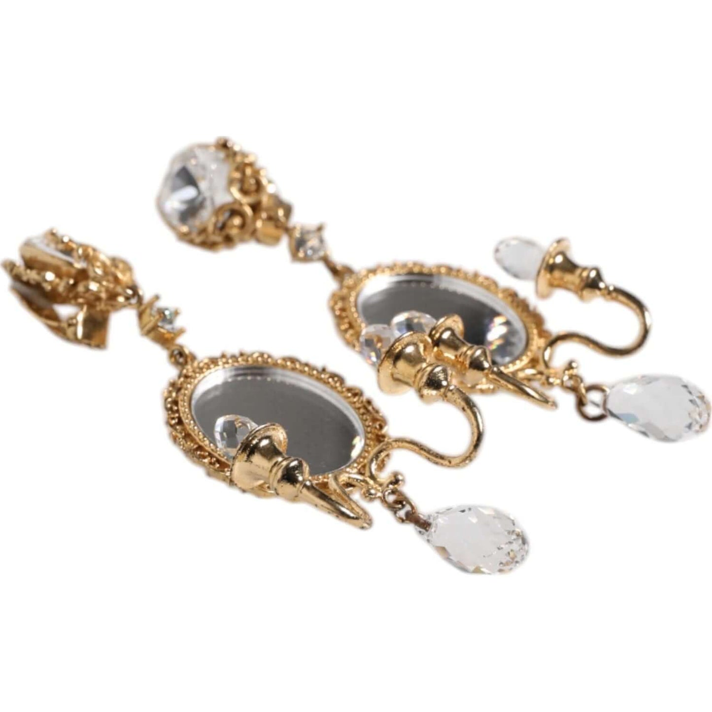 Dolce & Gabbana Gold Brass Clear Crystal Mirror Element Clip Dangling Earrings