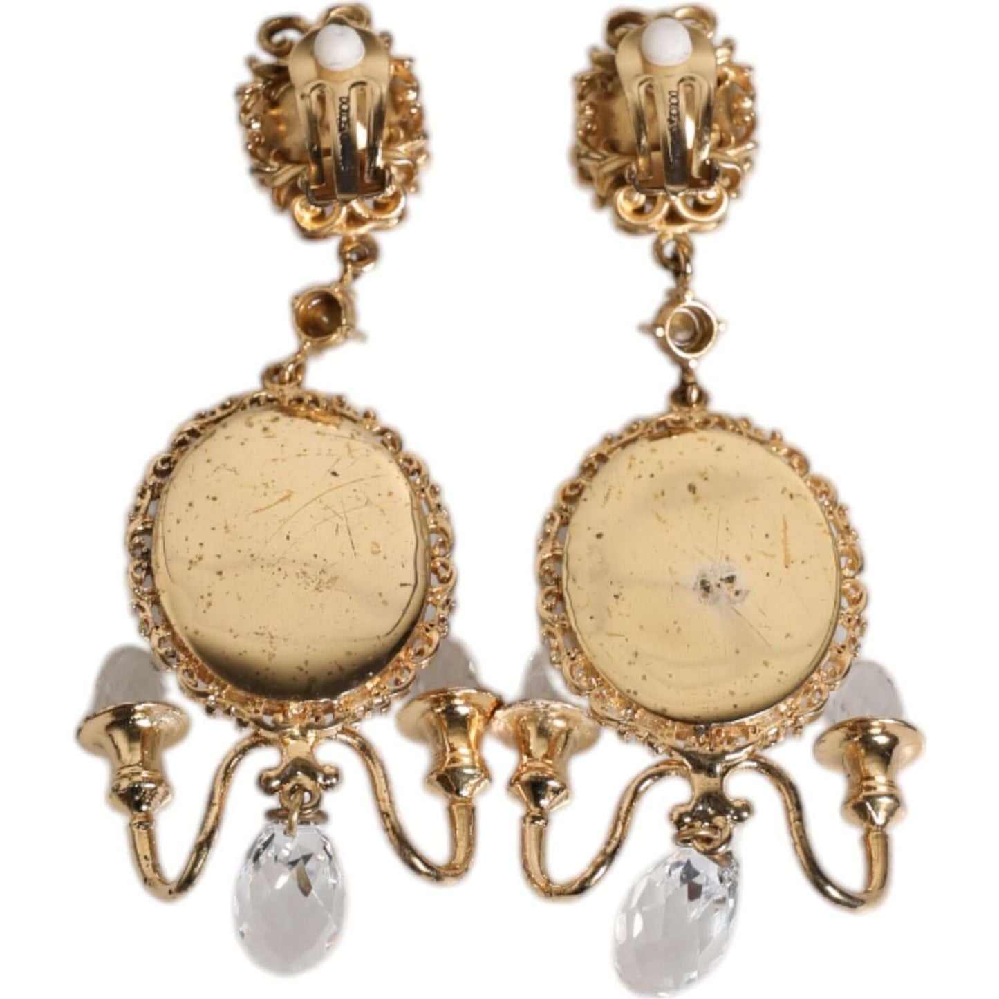 Dolce & Gabbana Gold Brass Clear Crystal Mirror Element Clip Dangling Earrings