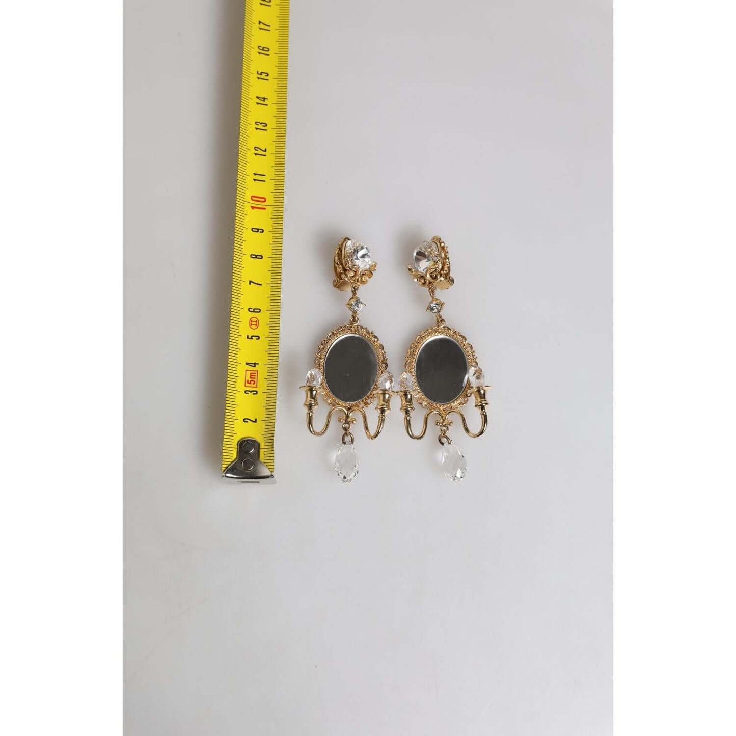 Dolce & Gabbana Gold Brass Clear Crystal Mirror Element Clip Dangling Earrings