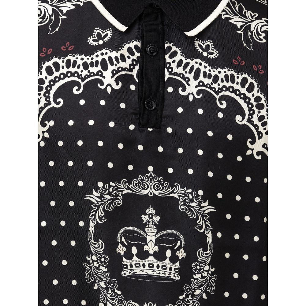 Dolce & Gabbana black silk polo shirt with bandana print, button fastening, jersey collar, and stylish crown motif design.