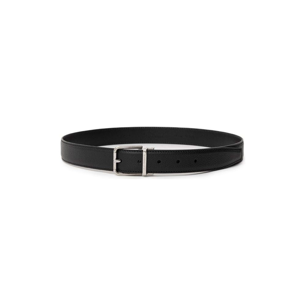 Dolce & Gabbana black leather belt with metal logo buckle, grained calfskin, 90 cm, made in Italy.