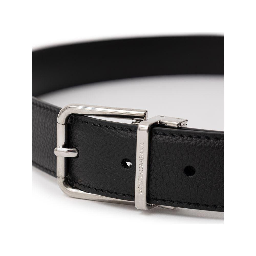 Dolce & Gabbana black leather belt with grained calfskin and metal logo buckle, measuring 90 cm, made in Italy.