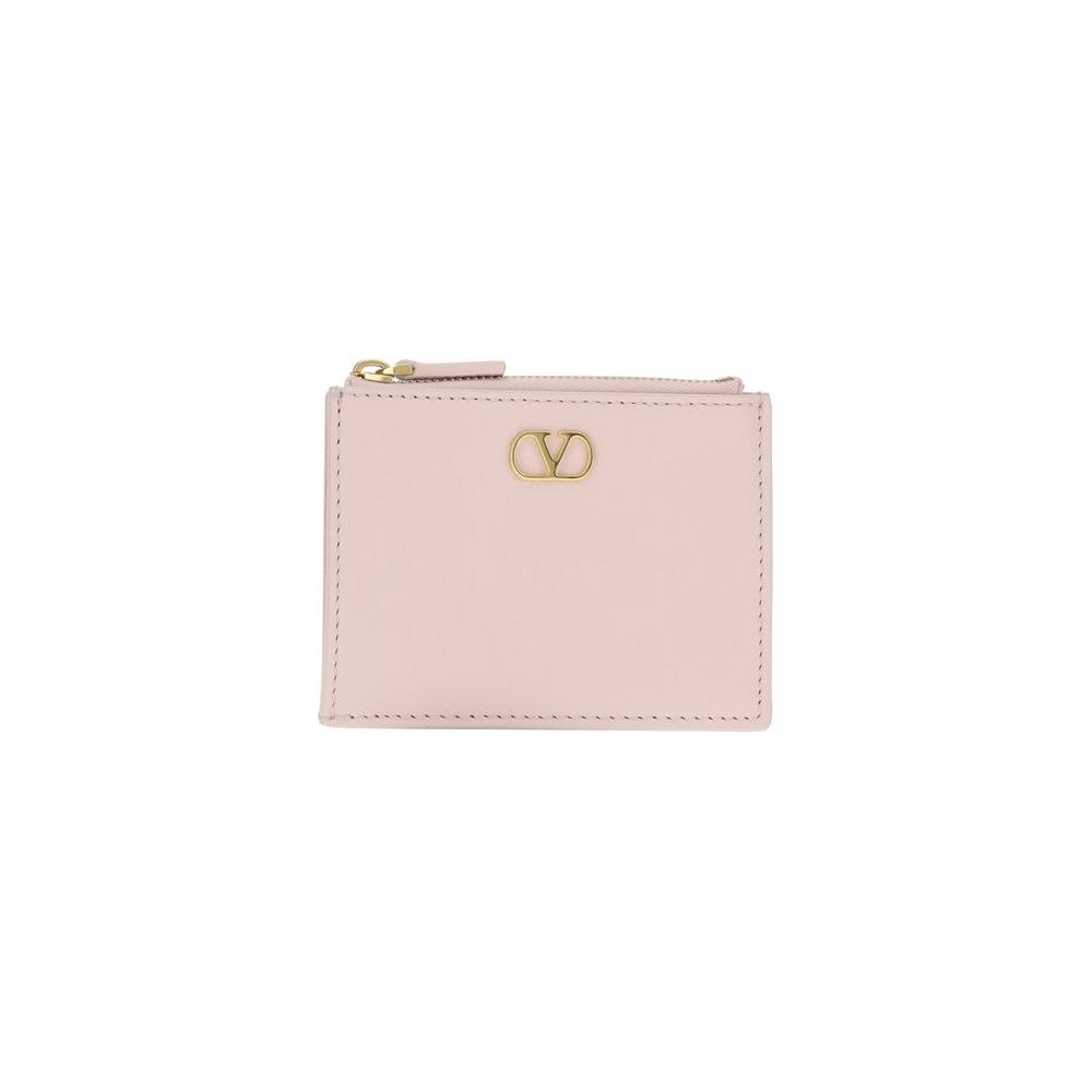 Valentino Garavani VLogo card holder in leather with gold plaque, featuring card slot and zipped pocket.