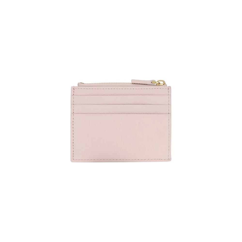 Valentino Garavani VLogo pink leather card holder with multiple slots and zip pocket.