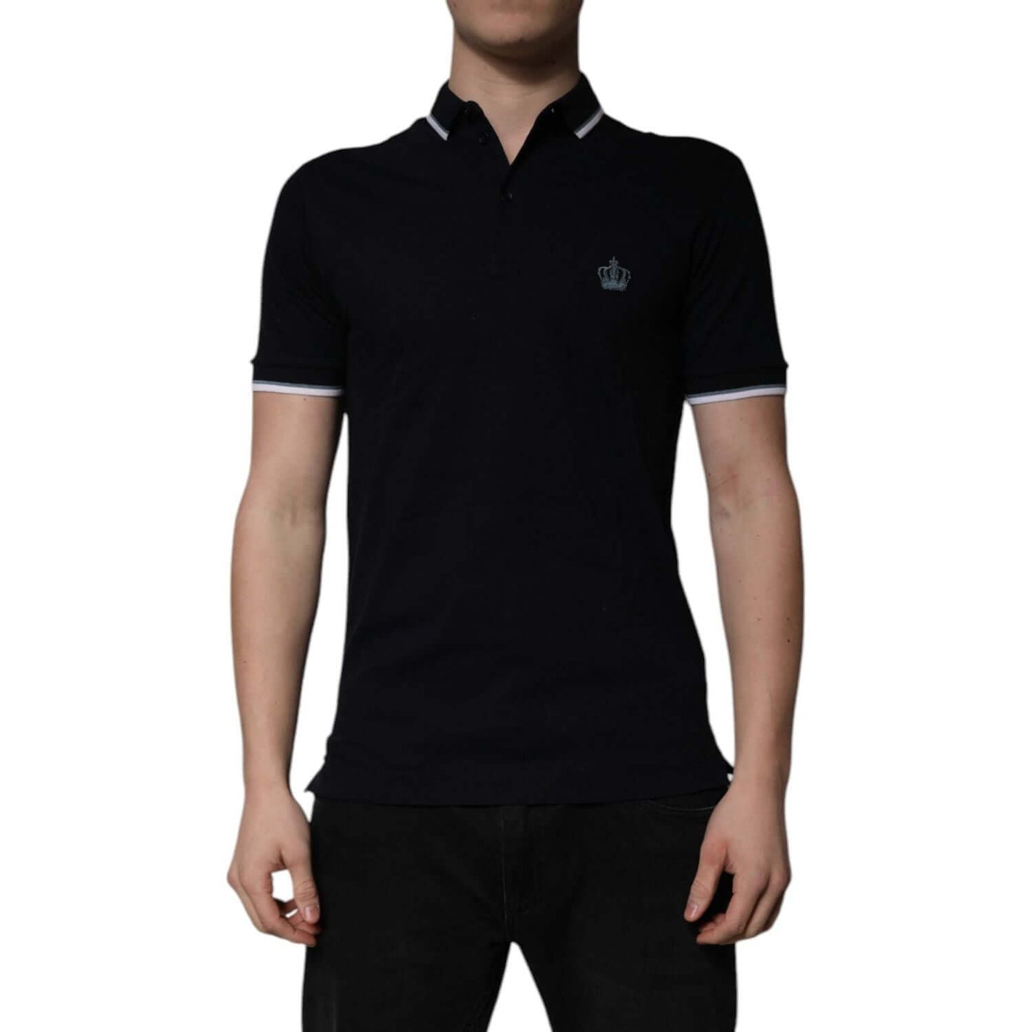 Dolce & Gabbana black cotton polo t-shirt with crown embroidery, short sleeves, collared design, regular fit, made in Italy.